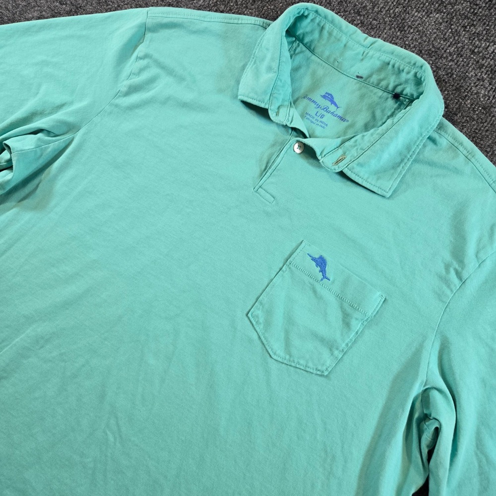 Tommy Bahama Mens Large Aqua Green Supima Cotton Pocket Polo Dadcore